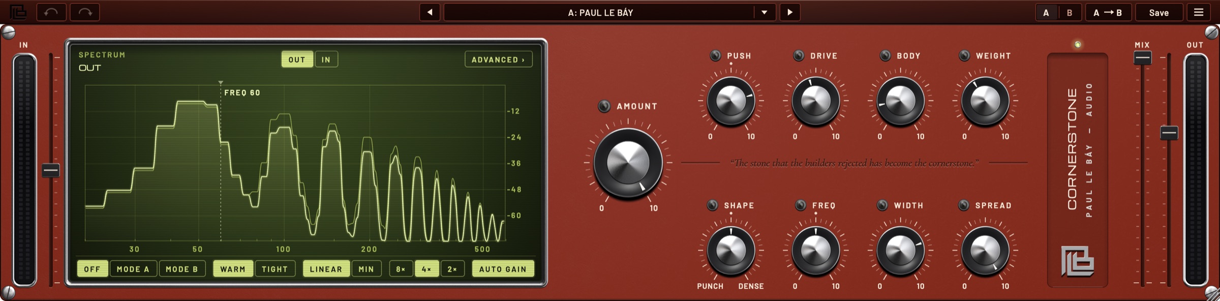 CORNERSTONE's face: an oxblood panel with a green phosphor screen showing the bass's spectrum, a large AMOUNT dial, eight smaller dials (PUSH, DRIVE, BODY, WEIGHT, SHAPE, FREQ, WIDTH, SPREAD), the CORNERSTONE nameplate, and MIX and OUT faders.