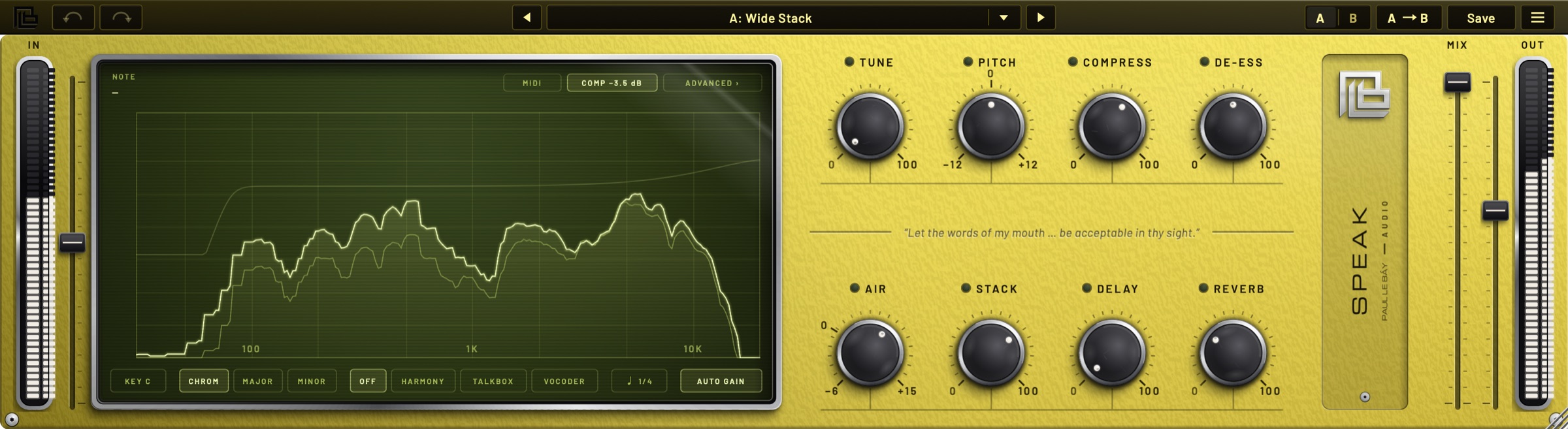 SPEAK's face: a lemon-yellow panel with a green phosphor screen showing the voice's spectrum, eight black dials (TUNE, PITCH, COMPRESS, DE-ESS, AIR, STACK, DELAY, REVERB), the SPEAK nameplate, and MIX and OUT faders with meters.