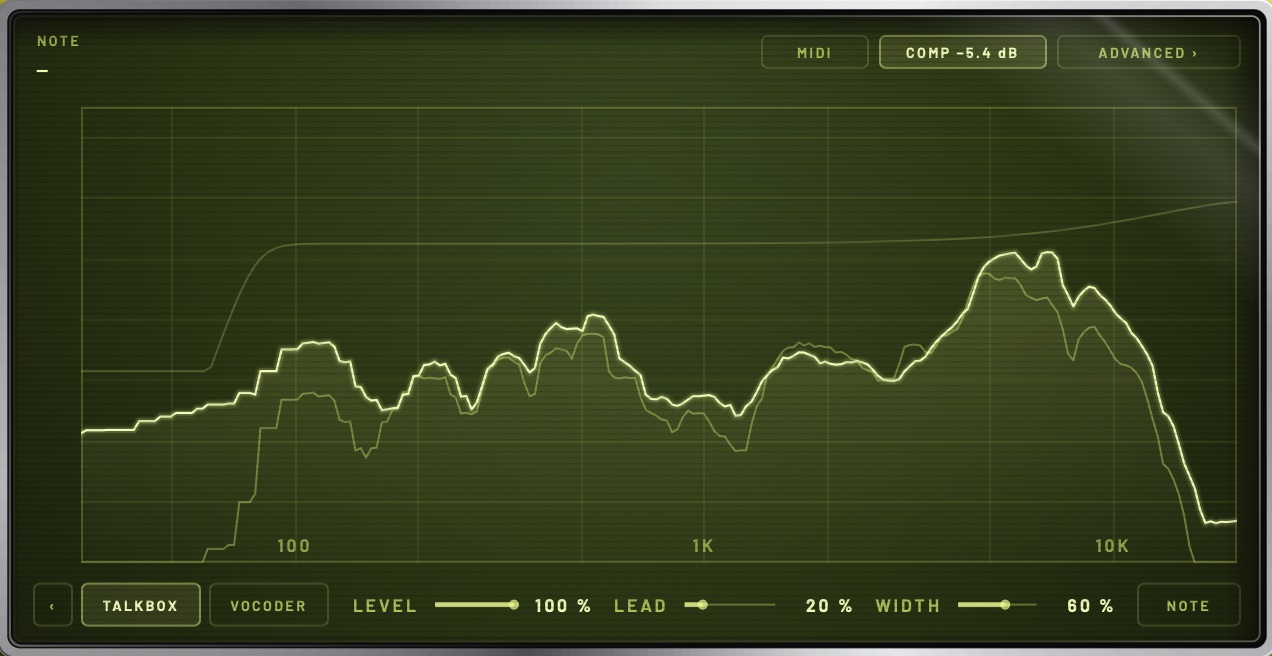 The screen with TALKBOX lit and its bar open: LEVEL, LEAD and WIDTH.
