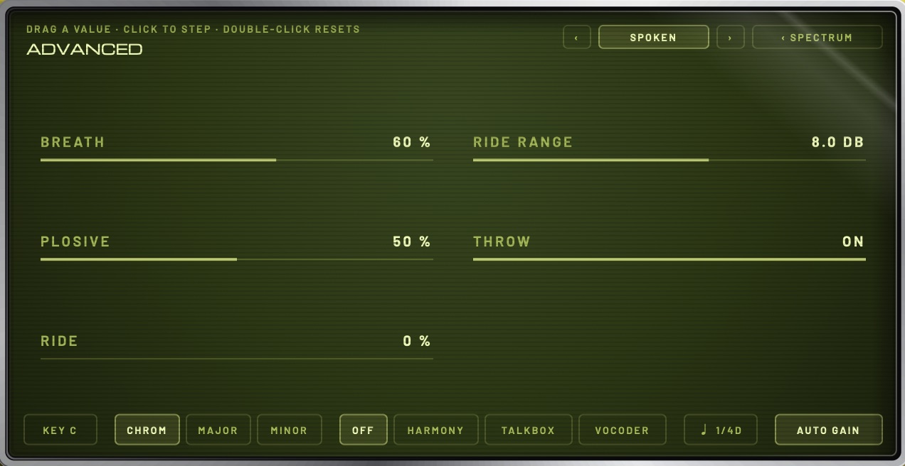 The SPOKEN page: BREATH, PLOSIVE, RIDE, RIDE RANGE and THROW.