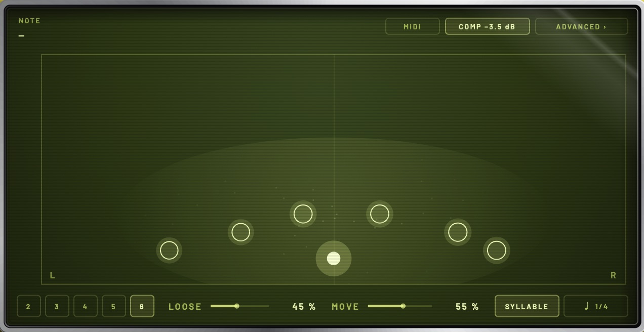 The screen in STACK: the stereo field from above, the voice in the centre and five layers around it.