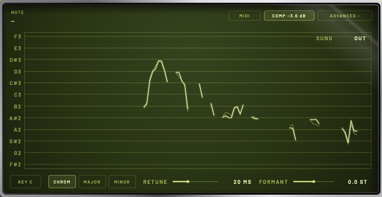 The screen in TUNE: the last four seconds of pitch on the scale's lines, with RETUNE and FORMANT below.
